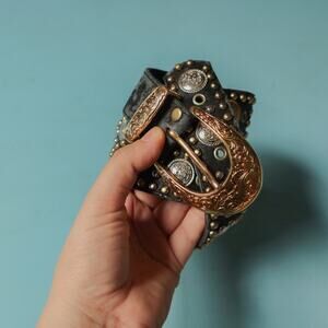 Vintage Black Studded Multi Metals Embossed Buckle Adjustable Belt